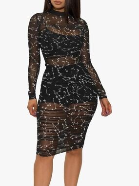 Black Sheer Mesh Constellation Midi Dress